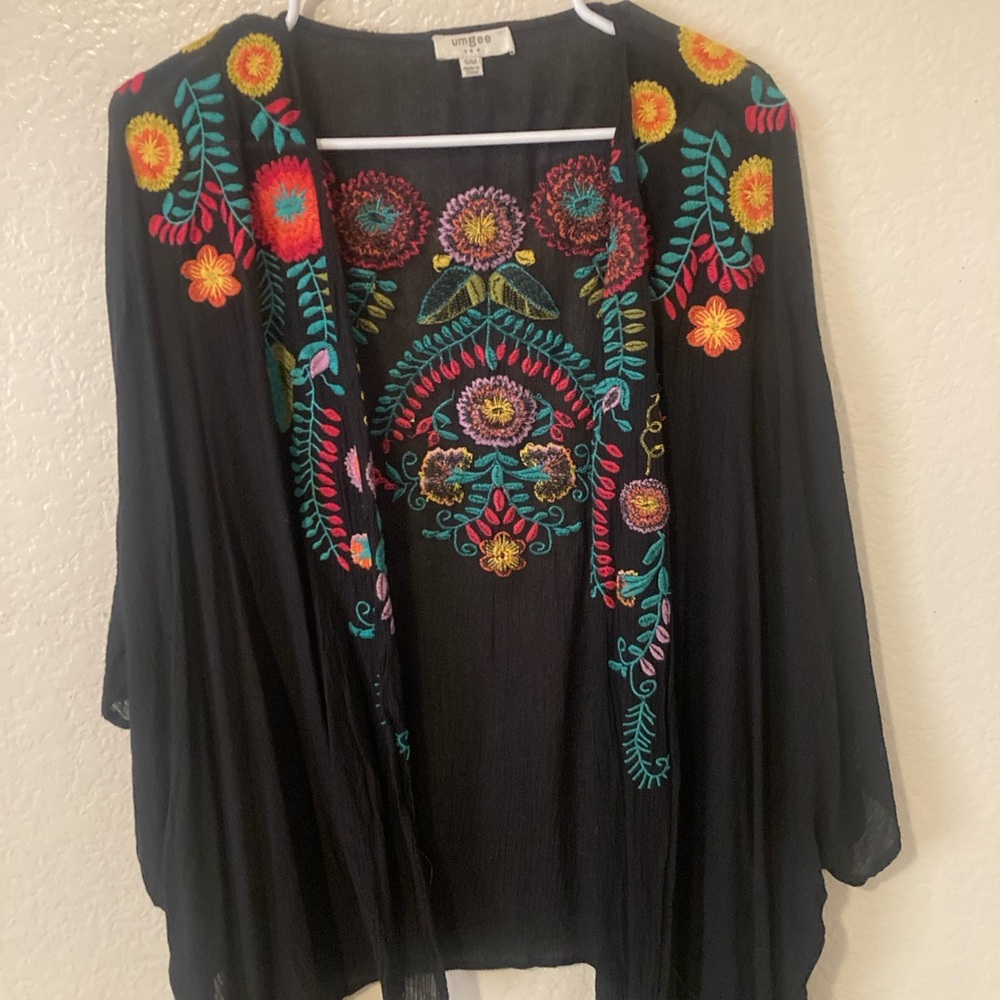 Umgee Black Vest with Colorful Floral Embroidery